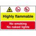 Self adhesive semi-rigid PVC Highly Flammable No Smoking/No Naked Lights Sign (600 x 400mm). Easy to fix; peel off the backing and apply. 4010