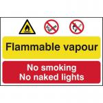In this picture, a bright yellow and red industrial danger sign is displayed against a black background. The sign reads Flammable vapour - No smoking or naked lights in bold, capitalized letters. The material is described as 1.2mm polypropylene and includes the note that it is non-adhesive and non-bagged. The sign measures 600 x 400mm and features the numerical code 4011.