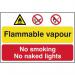In this picture, a bright yellow and red industrial danger sign is displayed against a black background. The sign reads Flammable vapour - No smoking or naked lights in bold, capitalized letters. The material is described as 1.2mm polypropylene and includes the note that it is non-adhesive and non-bagged. The sign measures 600 x 400mm and features the numerical code 4011.