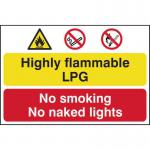 This image shows a bright yellow industrial danger sign with bold text reading Highly Flammable LPG, No Smoking or Naked Lights. The material is 1.2mm polypropylene and measures 600 x 400mm. The sign is non-adhesive and not bagged, making it easily portable.
