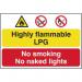 This image shows a bright yellow industrial danger sign with bold text reading Highly Flammable LPG, No Smoking or Naked Lights. The material is 1.2mm polypropylene and measures 600 x 400mm. The sign is non-adhesive and not bagged, making it easily portable.