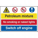 The photograph captures a cluster of Spectrum Industrial danger signs, warning against smoking and requiring engines to be switched off. Made of 1.2mm polypropylene and measuring 600 x 400mm, this non-adhesive and non-bagged sign is a vivid reminder of the potential hazards of handling petroleum mixtures in industrial settings.