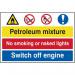 The photograph captures a cluster of Spectrum Industrial danger signs, warning against smoking and requiring engines to be switched off. Made of 1.2mm polypropylene and measuring 600 x 400mm, this non-adhesive and non-bagged sign is a vivid reminder of the potential hazards of handling petroleum mixtures in industrial settings.