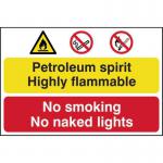 The picture showcases a bright yellow PP danger sign with bold black text that reads Petroleum spirit No smoking or naked lights. The sign is made of 1.2mm Polypropylene and measures 600 x 400mm. It is non-adhesive and non-bagged, making it easy to display. The message is clear and easy to read, alerting viewers of the potential danger and prohibiting smoking or lights near the area.