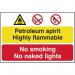 The picture showcases a bright yellow PP danger sign with bold black text that reads Petroleum spirit No smoking or naked lights. The sign is made of 1.2mm Polypropylene and measures 600 x 400mm. It is non-adhesive and non-bagged, making it easy to display. The message is clear and easy to read, alerting viewers of the potential danger and prohibiting smoking or lights near the area.