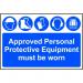 This image features a bright yellow sign that reads Personal Protective Equipment must be worn in bold black letters. It is made of 1.2mm thick polypropylene and measures 600 x 400mm. The sign is approved for industrial use and is non-adhesive. It is not packaged in a bag.