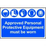 Self adhesive semi-rigid PVC Approved Personal Protective Equipment Must Be Worn Sign (600 x 400mm). Easy to fix; peel off the backing and apply.