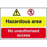 This photograph shows a Spectrum Industrial warning sign for a hazardous area. The sign is made of 1.2mm polypropylene and is non-adhesive. It measures 600 x 400mm and is not in a bag. The sign features bold black text that warns against unauthorized access.