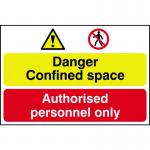 A yellow and black industrial danger sign with the words Confined space, authorised personnel only in large font. Made of 1.2mm polypropylene, it is non-adhesive and non-bagged, measuring 600 x 400mm. Perfect for warning against potential hazards.