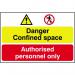A yellow and black industrial danger sign with the words Confined space, authorised personnel only in large font. Made of 1.2mm polypropylene, it is non-adhesive and non-bagged, measuring 600 x 400mm. Perfect for warning against potential hazards.