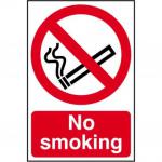 The photo shows a Spectrum Industrial No Smoking sign, made of 1.2mm Polypropylene and measuring 400 x 600mm. The sign is non-adhesive and non-bagged, clearly indicating the message No smoking. The bold and eye-catching design makes it easily visible and perfect for any workplace.