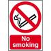 The photo shows a Spectrum Industrial No Smoking sign, made of 1.2mm Polypropylene and measuring 400 x 600mm. The sign is non-adhesive and non-bagged, clearly indicating the message No smoking. The bold and eye-catching design makes it easily visible and perfect for any workplace.