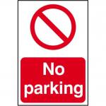 The image shows a wide industrial road with various traffic signs lining the sides. One of the signs clearly displays a red circle with a diagonal line, indicating no parking allowed. The sign is made of 1.2mm polypropylene material and is non-adhesive and non-bagged. Its size is 400 x 600mm, making it easily visible from a distance.