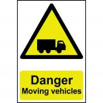 This photograph shows a colorful spectrum of industrial danger signs warning of moving vehicles. Made of 1.2mm polypropylene, these non-adhesive signs are not bagged and measure 400 x 600mm.