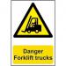 The image shows a range of brightly colored industrial danger signs with warnings for forklift trucks. They are made of 1.2mm polypropylene and are non-adhesive. The signs measure 400 x 600mm and are not bagged.