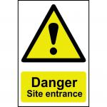 The image shows a bright yellow sign with bold black lettering reading Danger Site Entrance over a red symbol of a person in a hazardous situation. The sign is made of 1.2mm polypropylene and measures 400 x 600mm. It is not adhesive and is not packaged in a bag.