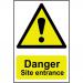 The image shows a bright yellow sign with bold black lettering reading Danger Site Entrance over a red symbol of a person in a hazardous situation. The sign is made of 1.2mm polypropylene and measures 400 x 600mm. It is not adhesive and is not packaged in a bag.