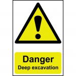 The image displays a set of Spectrum Industrial danger signs warning of deep excavation dangers. Made of 1.2mm polypropylene, these non-adhesive signs measure 400 x 600mm and are not bagged. They serve as an important visual alert for potential hazards in the workplace.