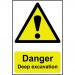 The image displays a set of Spectrum Industrial danger signs warning of deep excavation dangers. Made of 1.2mm polypropylene, these non-adhesive signs measure 400 x 600mm and are not bagged. They serve as an important visual alert for potential hazards in the workplace.