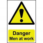 The image shows a series of bright red and yellow danger signs, featuring the silhouette of a group of men working in an industrial setting. The signs are made of 1.2mm polypropylene and are non-adhesive. They measure 400 x 600mm and are not packaged in a bag.