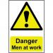 The image shows a series of bright red and yellow danger signs, featuring the silhouette of a group of men working in an industrial setting. The signs are made of 1.2mm polypropylene and are non-adhesive. They measure 400 x 600mm and are not packaged in a bag.