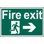 This picture features a bright red and white industrial fire safety sign, with a running man and arrow pointing right towards a fire exit. Made of 1.2mm recyclable PP material, it measures 600 x 400mm and is labeled as Spectrum Industrial. The number 4200 can be seen in small print on the bottom right corner.