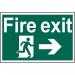 This picture features a bright red and white industrial fire safety sign, with a running man and arrow pointing right towards a fire exit. Made of 1.2mm recyclable PP material, it measures 600 x 400mm and is labeled as Spectrum Industrial. The number 4200 can be seen in small print on the bottom right corner.