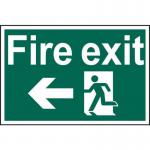 This image shows a bright, eye-catching Spectrum Industrial Fire Safety sign featuring a running man with an arrow pointing left. Made from 1.2mm recyclable PP material, this sign measures 600 x 400mm and is ideal for indicating a fire exit.