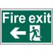 This image shows a bright, eye-catching Spectrum Industrial Fire Safety sign featuring a running man with an arrow pointing left. Made from 1.2mm recyclable PP material, this sign measures 600 x 400mm and is ideal for indicating a fire exit.