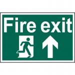 In the photo, a bright red arrow points upward, with a running man symbol in the middle, on a rectangular sign made of 1.2mm thick recyclable PP material. The sign measures 600 x 400mm and is labeled Fire exit for safe evacuation in case of emergency.