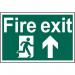 In the photo, a bright red arrow points upward, with a running man symbol in the middle, on a rectangular sign made of 1.2mm thick recyclable PP material. The sign measures 600 x 400mm and is labeled Fire exit for safe evacuation in case of emergency.