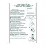 The image shows a red and white fire safety sign with instructions on how to treat an electric shock casualty. The sign is made of 1.2mm thick polypropylene and measures 400 x 600mm. It is non-adhesive and not bagged.