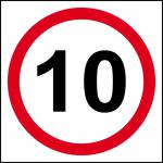 This photo shows a Spectrum Industrial Road and Traffic Signs 10mph speed limit sign made of 3mm foamex board. The sign measures 400mm x 400mm and features bold, clear lettering that is easily visible to drivers. The sign is placed in a highly visible location, ensuring safety for all drivers on the road.