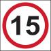 The picture shows a Spectrum Industrial Road and Traffic Signs 15mph Speed Limit Sign made of 3mm Foamed PVC Board, measuring 400mm x 400mm. It features bold black lettering on a bright yellow background, clearly indicating the speed limit. The sign is mounted on a sturdy pole and placed on the side of the road, easily visible to drivers.