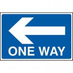 The photo shows a Spectrum Industrial Directional Sign depicting a one-way arrow pointing left. The sign is made of 3mm Foamex PVC board, measuring 600mm x 400mm. The vibrant colors and clear text make it easily noticeable and legible.