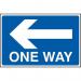 The photo shows a Spectrum Industrial Directional Sign depicting a one-way arrow pointing left. The sign is made of 3mm Foamex PVC board, measuring 600mm x 400mm. The vibrant colors and clear text make it easily noticeable and legible.