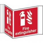 In the middle of the bright red rectangle, there is a white symbol of a fire extinguisher with a bold black arrow pointing towards the bottom left corner. The words Fire Extinguisher are written in large, black font above the symbol. The background is a vibrant yellow with the words Spectrum Industrial and Projection sign in black and white font respectively. Made of 1.2mm recyclable PP, the sign measures 200mm in face.