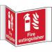 In the middle of the bright red rectangle, there is a white symbol of a fire extinguisher with a bold black arrow pointing towards the bottom left corner. The words Fire Extinguisher are written in large, black font above the symbol. The background is a vibrant yellow with the words Spectrum Industrial and Projection sign in black and white font respectively. Made of 1.2mm recyclable PP, the sign measures 200mm in face.