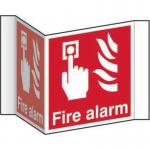 This image shows a Spectrum Industrial Fire Safety Sign for a fire alarm. The sign is made of 1.2mm thick recyclable PP material and has a 200mm face. It features clear, bold lettering and a recognizable symbol for easy identification. The sign is designed to project outwards for increased visibility in case of an emergency.