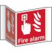 This image shows a Spectrum Industrial Fire Safety Sign for a fire alarm. The sign is made of 1.2mm thick recyclable PP material and has a 200mm face. It features clear, bold lettering and a recognizable symbol for easy identification. The sign is designed to project outwards for increased visibility in case of an emergency.