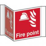 The photo shows a Spectrum Industrial Fire Safety Sign with the words Fire point and a projection sign made of 1.2mm recyclable PP. The sign has a 200mm face and a model number of 4413. It appears to be a bright red color with clear, bold writing and a recognizable fire symbol. The edges are smooth and the material appears to be durable. The sign is suitable for industrial environments and is clearly visible for fire safety measures.