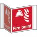 The photo shows a Spectrum Industrial Fire Safety Sign with the words Fire point and a projection sign made of 1.2mm recyclable PP. The sign has a 200mm face and a model number of 4413. It appears to be a bright red color with clear, bold writing and a recognizable fire symbol. The edges are smooth and the material appears to be durable. The sign is suitable for industrial environments and is clearly visible for fire safety measures.