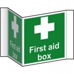 This picture shows a Spectrum Industrial first aid sign for a first aid box. The sign is made of recyclable 1.2mm PP material and has a 200mm face. It features a clear projection sign, making it easily visible and recognizable. The bright design and bold lettering make it perfect for any industrial setting.