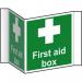 This picture shows a Spectrum Industrial first aid sign for a first aid box. The sign is made of recyclable 1.2mm PP material and has a 200mm face. It features a clear projection sign, making it easily visible and recognizable. The bright design and bold lettering make it perfect for any industrial setting.