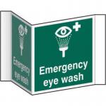 This sign features a bold red and white design with the words Emergency Eye Wash in capital letters. The background is a solid color with a prominent eye symbol in the center. Made of recyclable PP material, this sign is durable and measures 200mm across. The projection sign is easy to spot and ideal for industrial first aid settings.