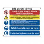 This photograph shows a Spectrum Industrial Safety Signs Irish Site Safety Composite Sign. The sign is made of 3mm Foamex board and measures 800mm x 600mm. The design features the text 4550-EIRE and various safety symbols. The colors are blue, white, and black on a solid white background.