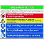 The photo shows a Spectrum Industrial Warning Signs Composite Site Safety Notice, made of 3mm Foamex Board and measuring 800mm x 600mm. The bright colors and eye-catching design make it easily noticeable, while the durable materials ensure long-lasting use on any construction site.