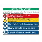 The image shows a Spectrum Industrial Safety Signs Composite site safety notice, specifically the FMX (800 x 600mm) Irish version. The sign features bold lettering and bright colors on a white background, with various safety symbols and instructions for workers on a construction site.