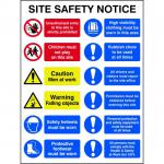 In this photograph, the Spectrum Industrial Warning Signs Composite Site Safety Notice is shown on a 3mm Foamex board. The sign measures 600mm x 800mm and is seen displayed against a neutral background. The yellow and black graphics prominently display important safety information for industrial sites.