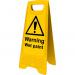 This photograph captures a pair of bright yellow industrial cleaning signs, warning of wet paint and featuring heavy duty A frame construction. The signs measure 620mm x 200mm and are perfect for outdoor use in commercial settings.